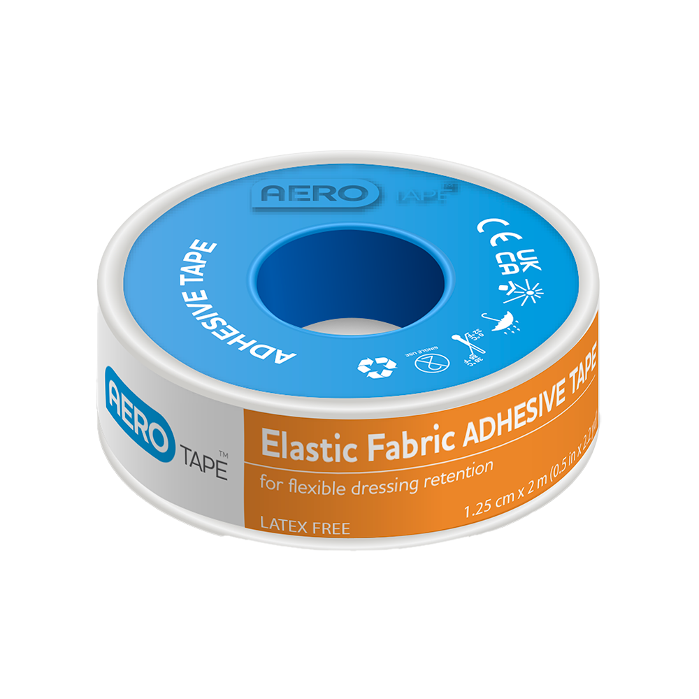 AEROTAPE Elastic Fabric Adhesive Tape 1.25cm x 2M showing narrow elastic woven fabric adhesive tape for conforming dressing retention on active patients