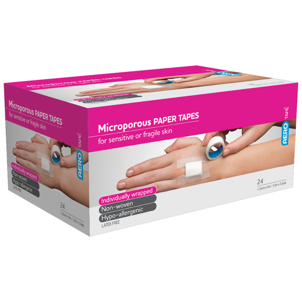 AEROTAPE White Microporous Paper Tape 1.25cm x 5M Box/24 showing breathable low-trauma paper tape box for clinical dressing and cannula securing
