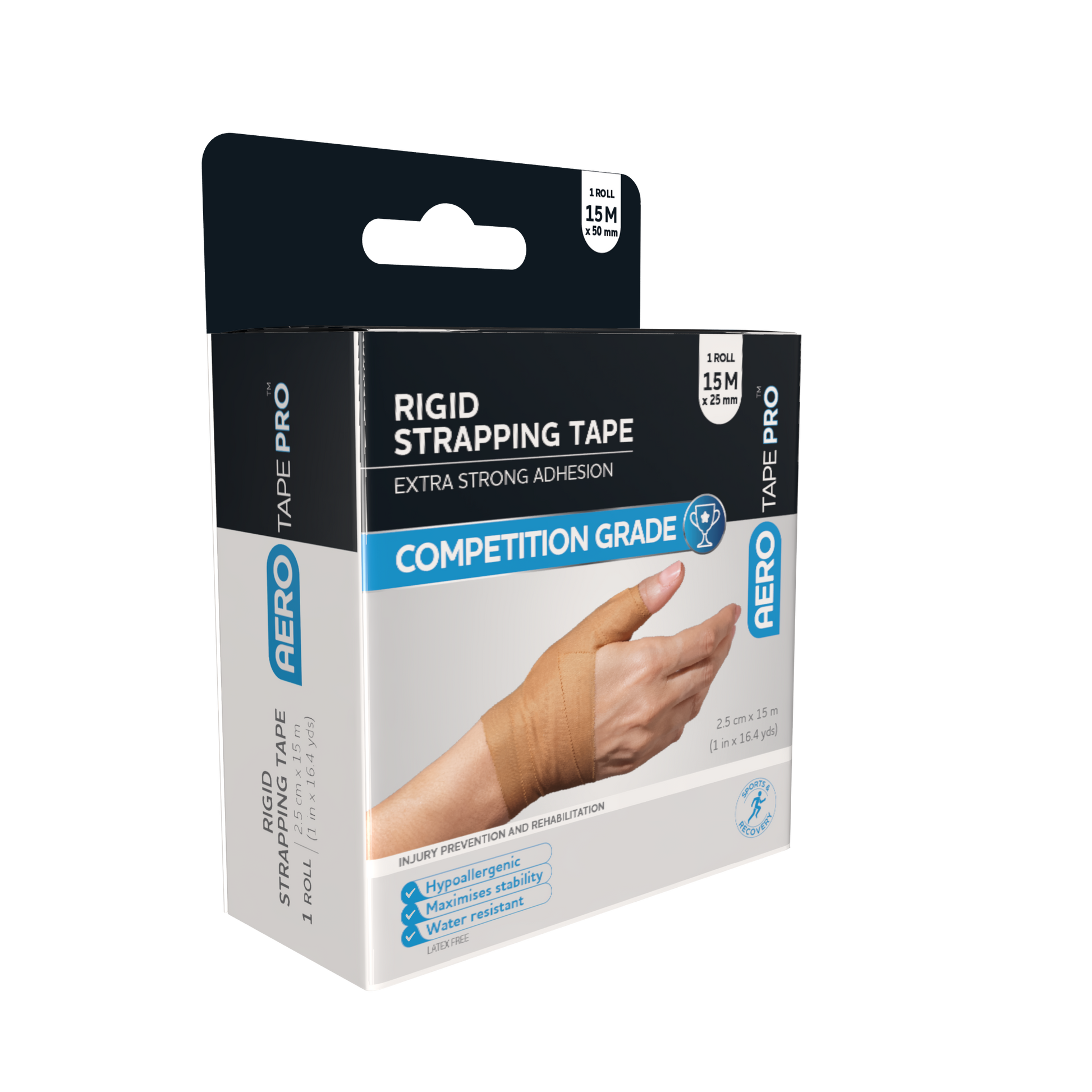 AEROTAPE Rigid Pro Strapping Tape 2.5cm x 15m showing roll of rigid zinc oxide strapping tape for ankle, wrist, and joint strapping and support