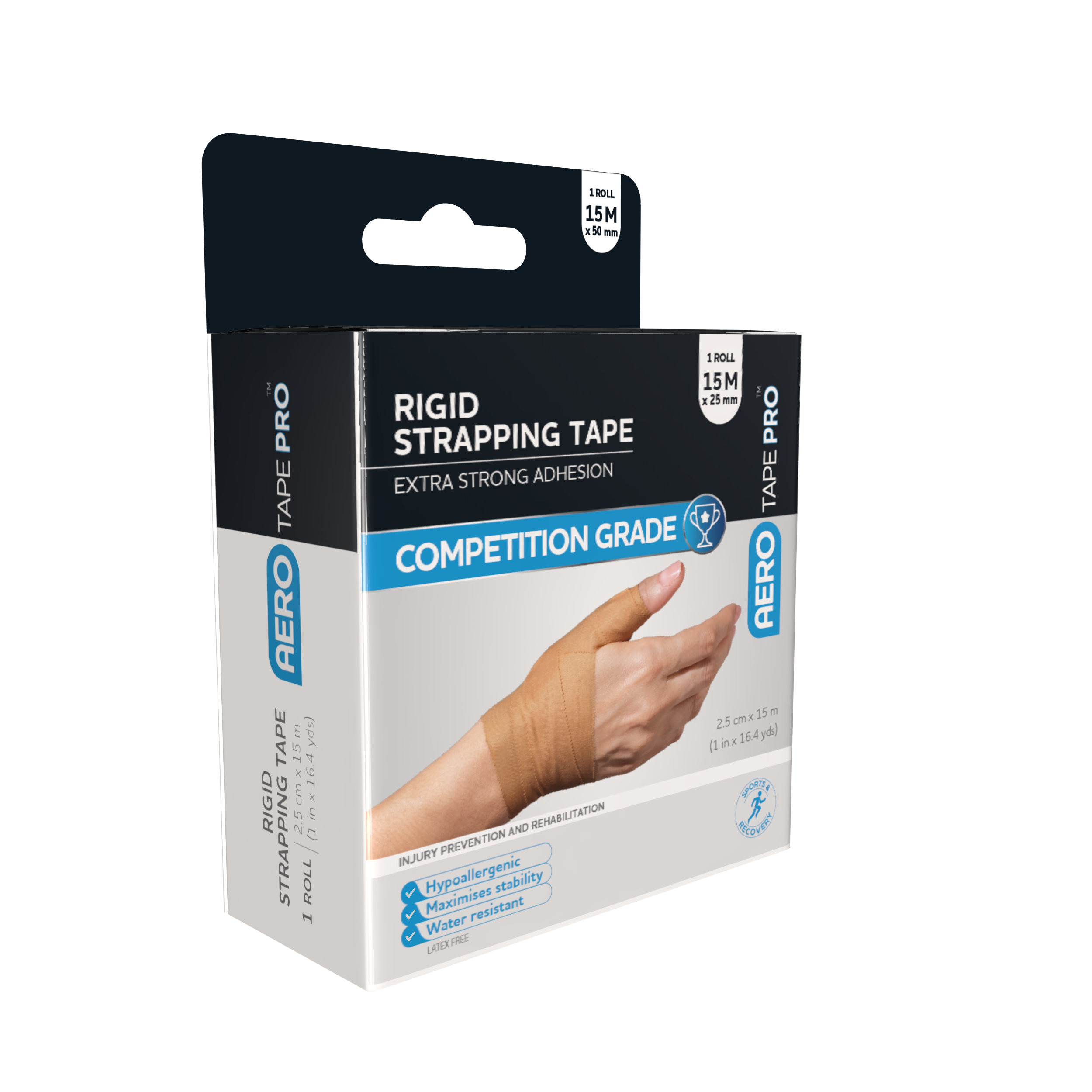 AEROTAPE Rigid Pro Strapping Tape 2.5cm x 15m showing roll of rigid zinc oxide strapping tape for ankle, wrist, and joint strapping and support
