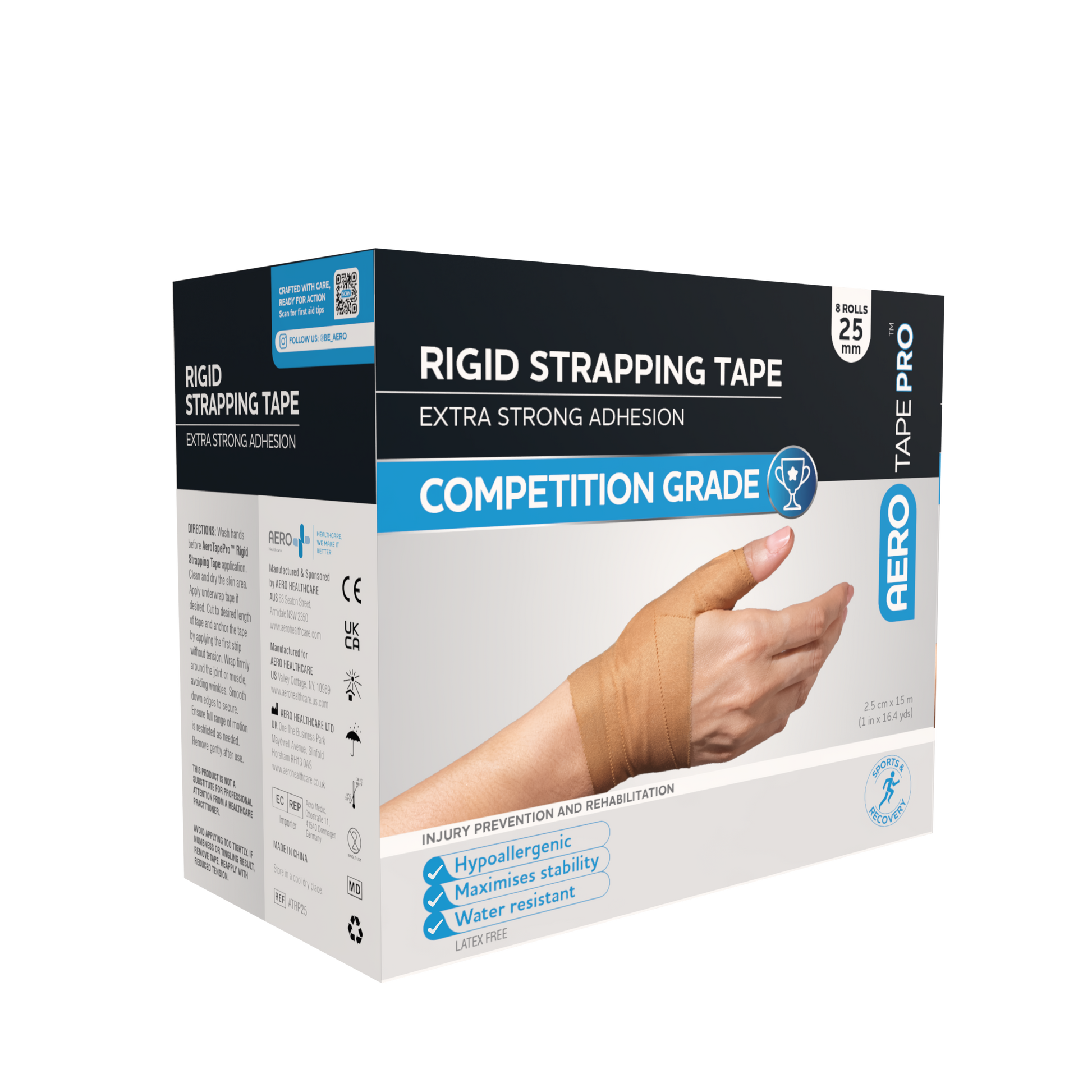 AEROTAPE Rigid Pro Strapping Tape 2.5cm x 15m box of 8 showing bulk box of rigid zinc oxide strapping tape for sports clinic and team supply