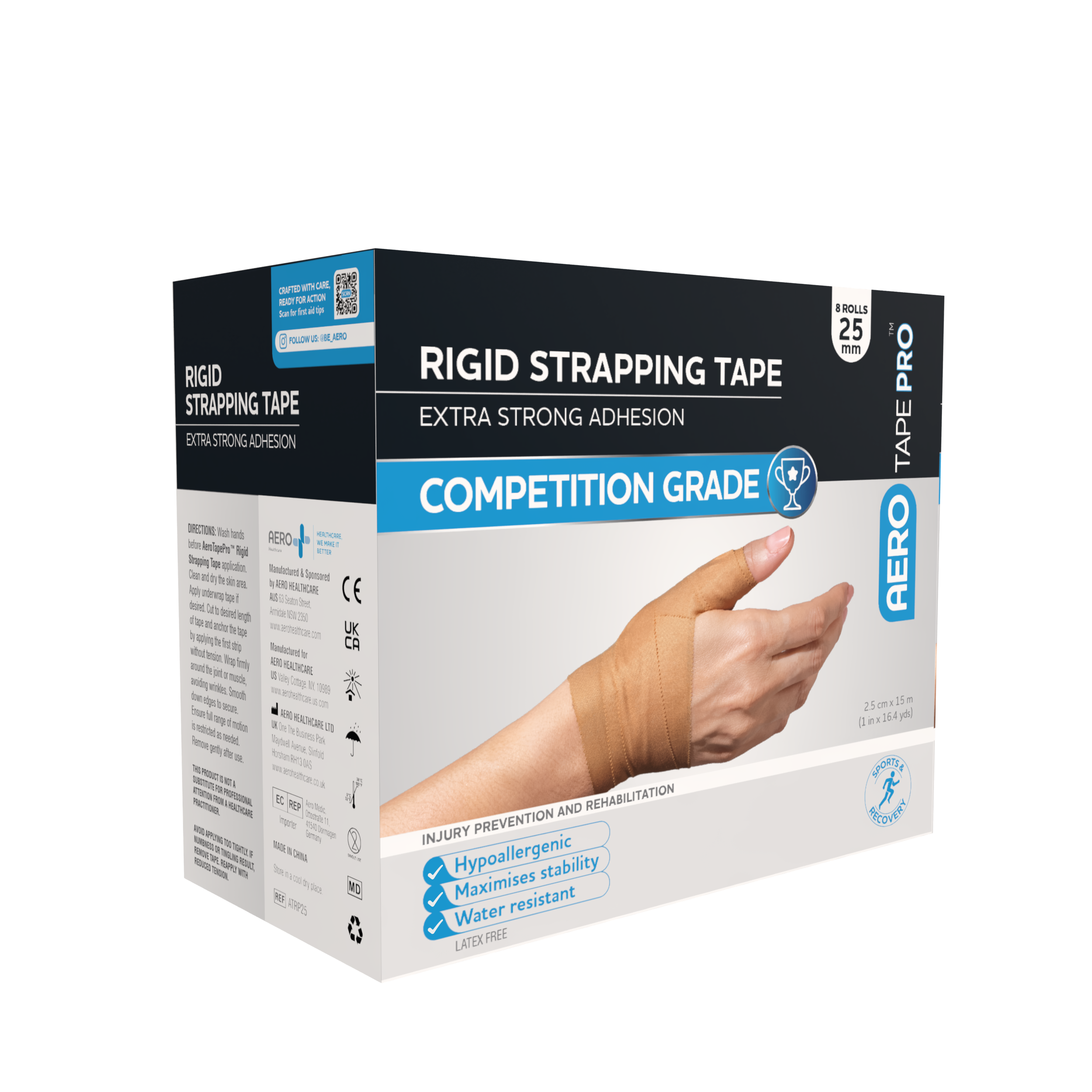 AEROTAPE Rigid Pro Strapping Tape 2.5cm x 15m box of 8 showing bulk box of rigid zinc oxide strapping tape for sports clinic and team supply