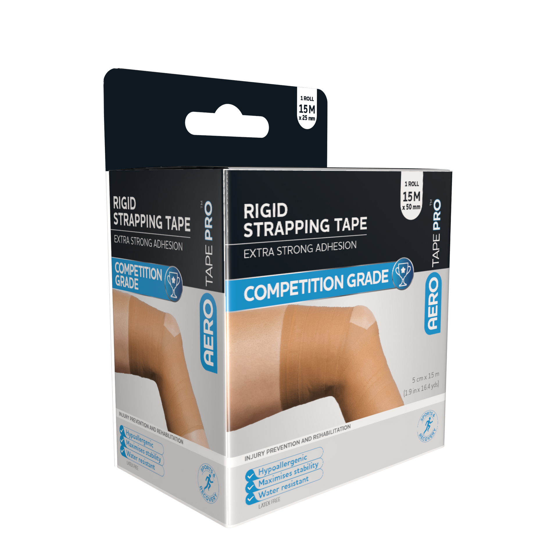 AEROTAPE Rigid Pro Strapping Tape 5cm x 15m single roll showing rigid zinc oxide sports strapping tape for individual joint support procurement