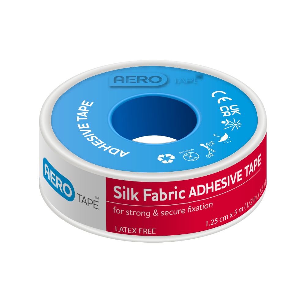 AEROTAPE Silk Fabric Adhesive Tape 1.25cm x 5M showing narrow medical-grade silk tape for gentle clinical dressing retention and wound care