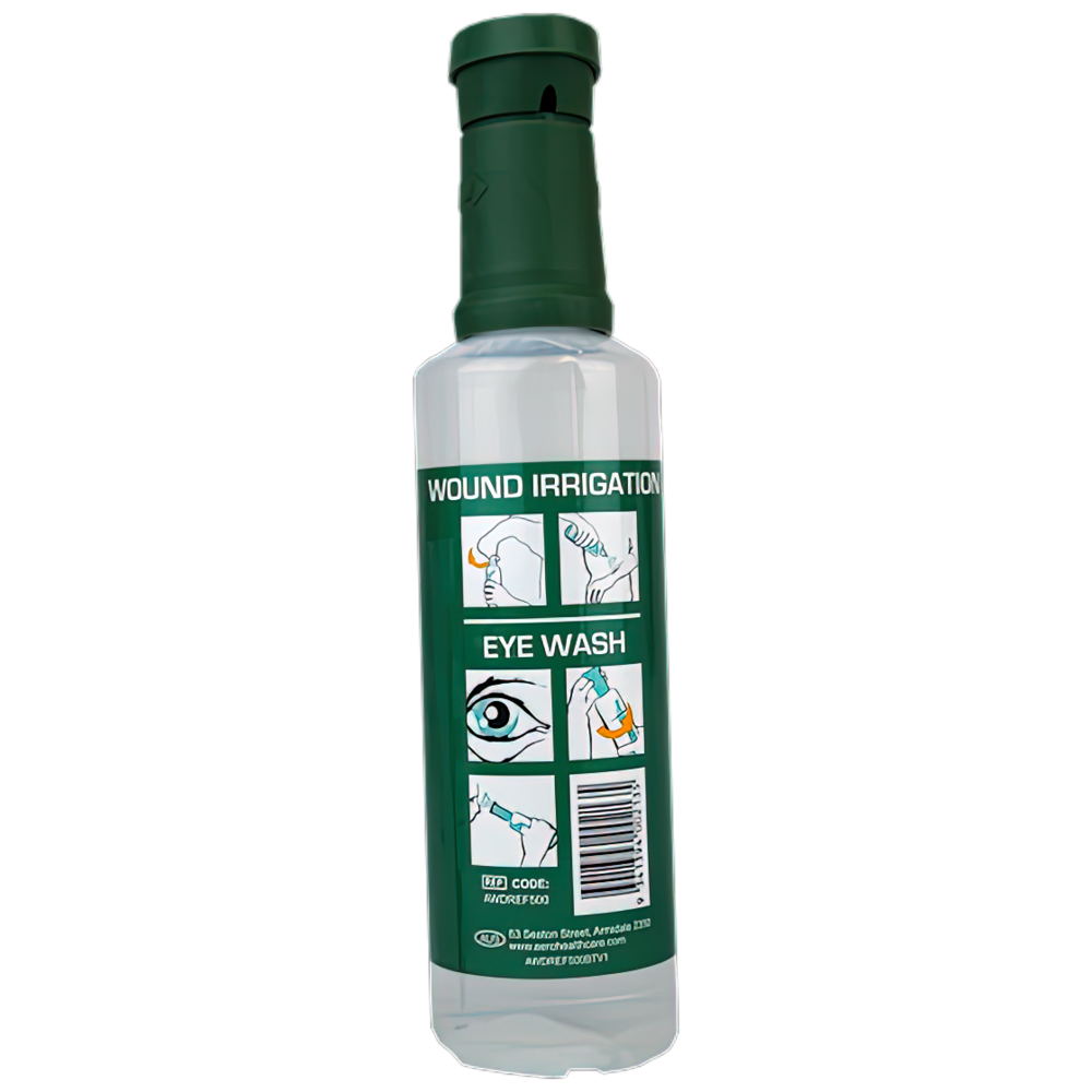 AEROWASH Drop Eyewash Bottle 500mL showing sterile saline drop dispenser eyewash bottle for emergency eye irrigation and foreign body flushing