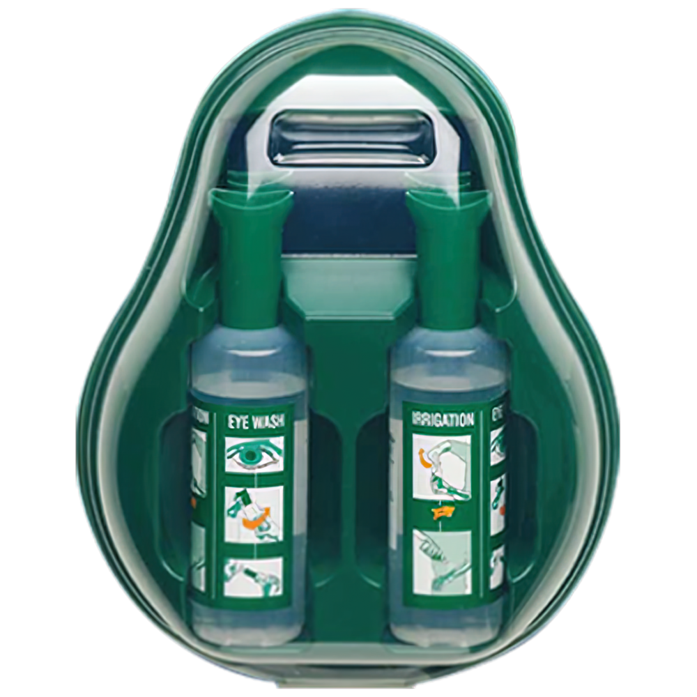 AEROWASH Drop Eyewash Station 2 x 500mL showing portable wall-mounted drop eyewash station with two sterile saline bottles for workplace eye emergency irrigation