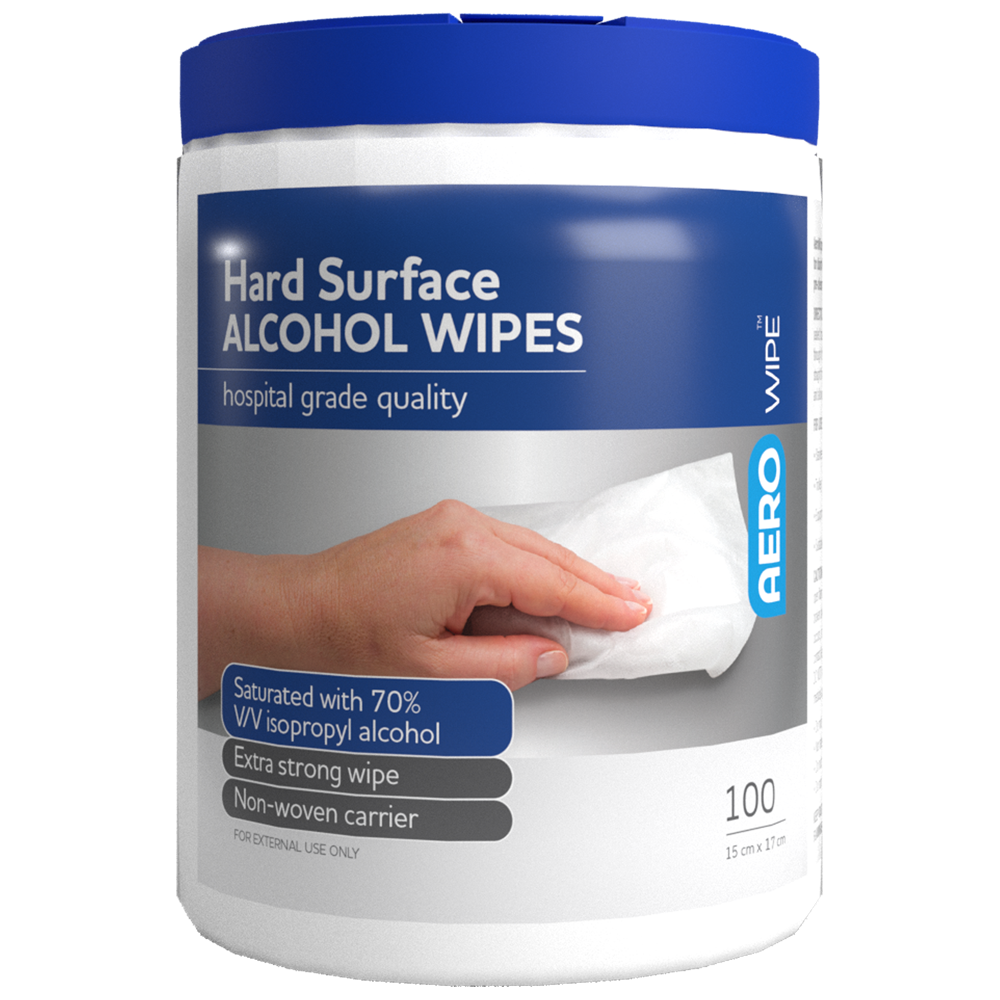 AEROWIPE 70% Isopropyl Alcohol Hard Surface Wipes tub of 100 showing pre-saturated IPA disinfection wipes for clinical equipment and hard surface cleaning