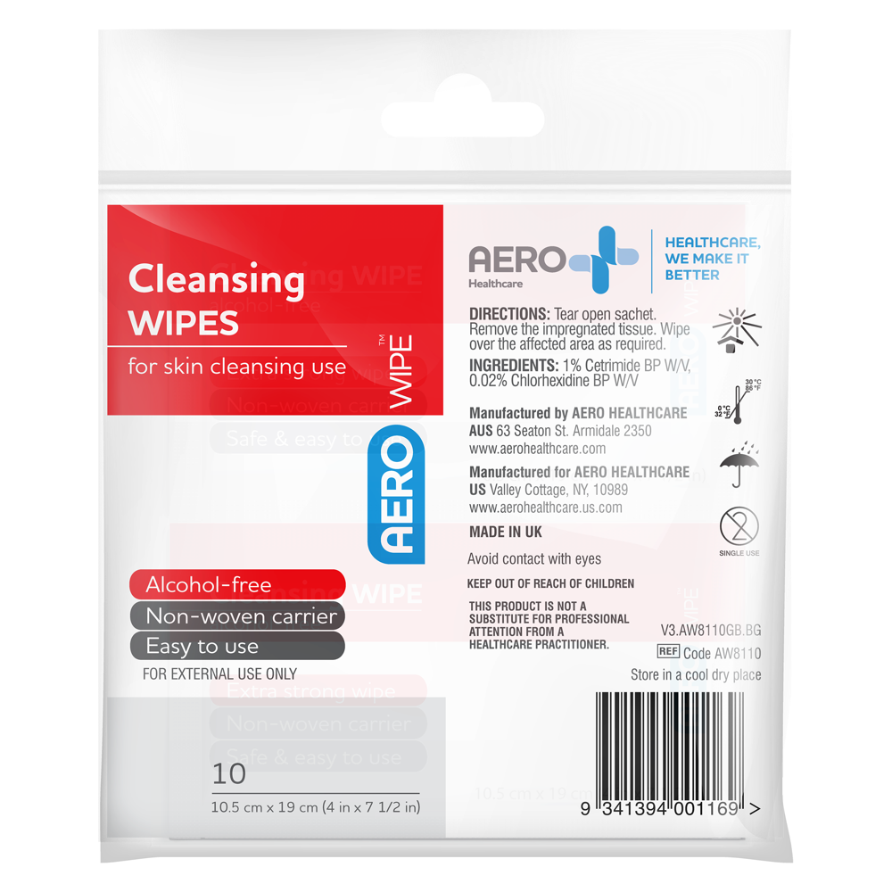 AEROWIPE Alcohol-Free Cleansing Wipes envelope of 10 showing gentle alcohol-free pre-saturated skin cleansing wipes for wound margin and sensitive skin cleaning