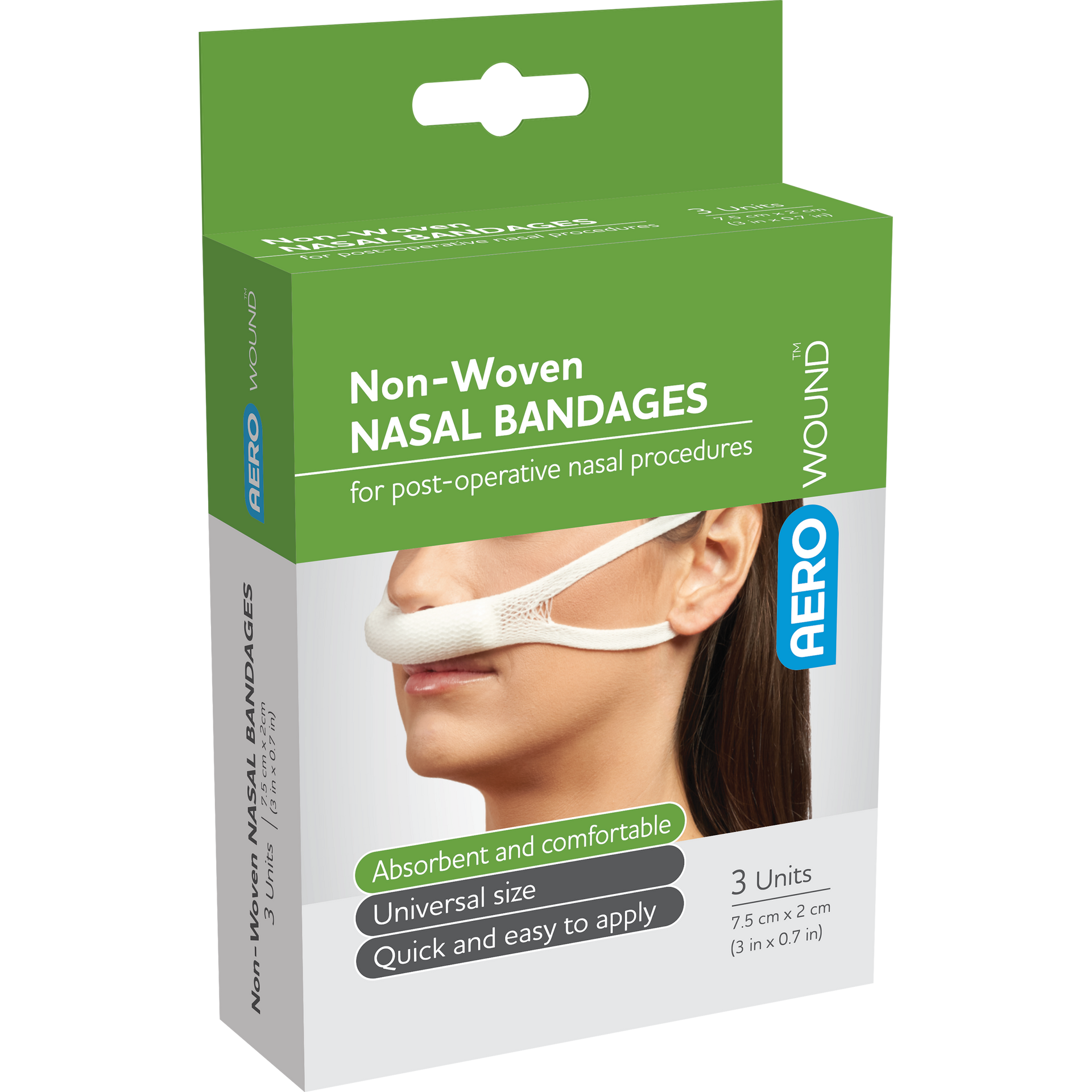 AEROWOUND Nasal Sling Bandage box of 3 showing purpose-shaped adhesive nasal slings for hands-free nosebleed and epistaxis management