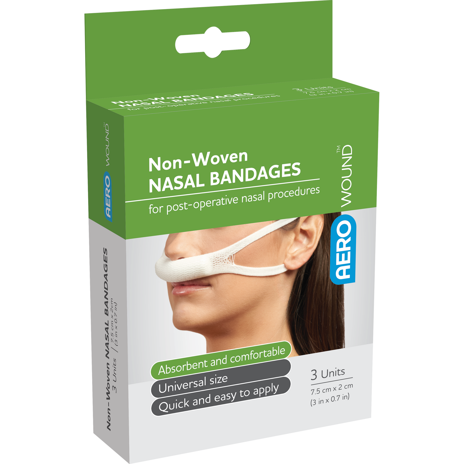AEROWOUND Nasal Sling Bandage box of 3 showing purpose-shaped adhesive nasal slings for hands-free nosebleed and epistaxis management
