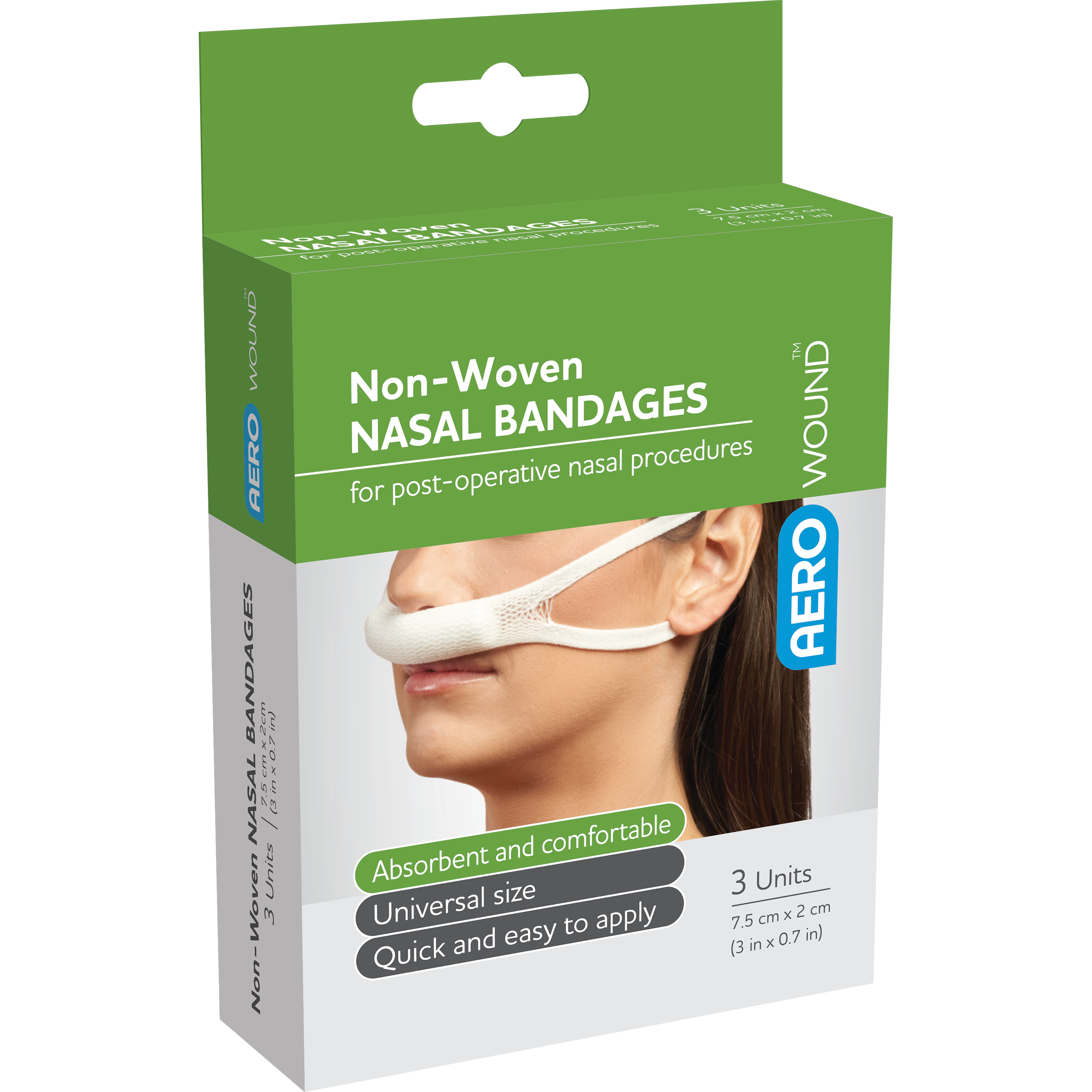 AEROWOUND Nasal Sling Bandage box of 3 showing purpose-shaped adhesive nasal slings for hands-free nosebleed and epistaxis management