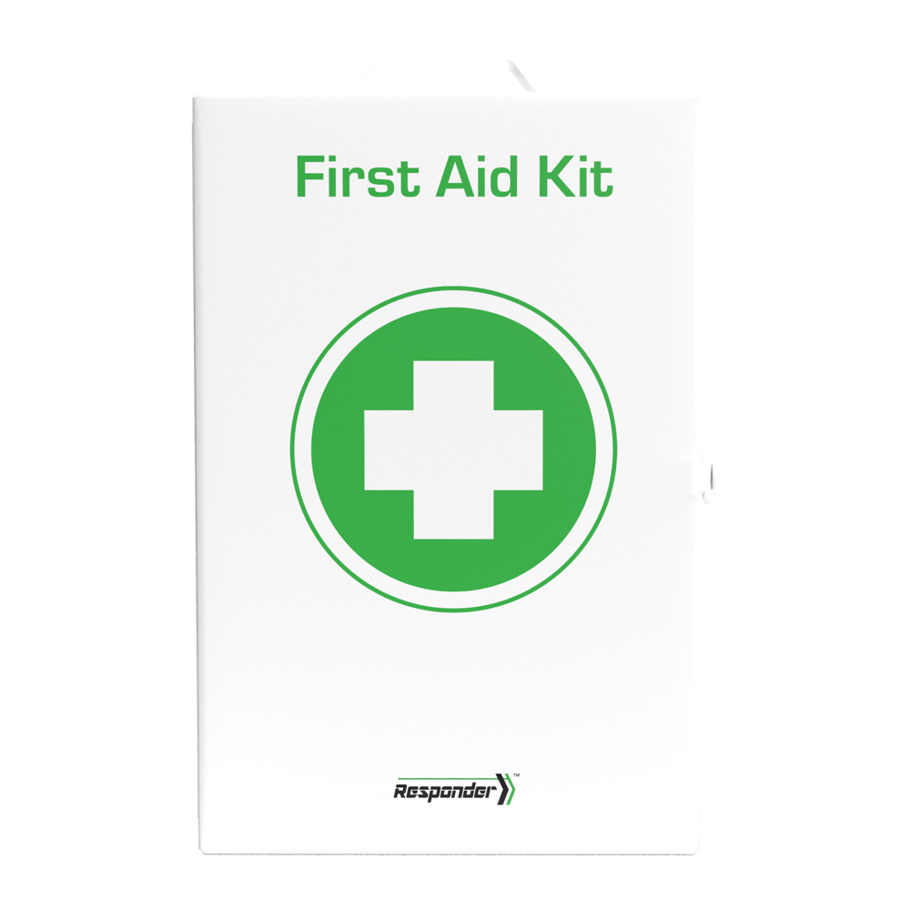 RESPONDER 4 Series Metal Tough Food and Beverage Kit 24.5 x 12 x 38.5cm showing metal cabinet food industry first aid kit with blue visually-detectable dressings