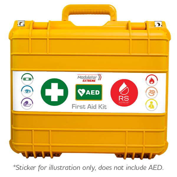 MODULATOR Extreme Weatherproof First Aid Kit LifePak showing heavy-duty weatherproof modular cabinet with integrated LifePak defibrillator compartment for industrial and outdoor use