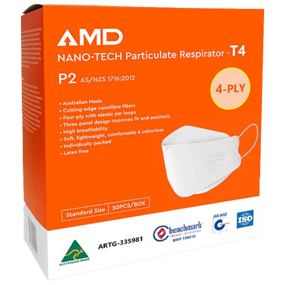 AMD Nano-tech P2 Respirator Mask box of 50 showing advanced nano-technology filter media P2 respirator for healthcare airborne precaution, bushfire smoke, and industrial dust protection