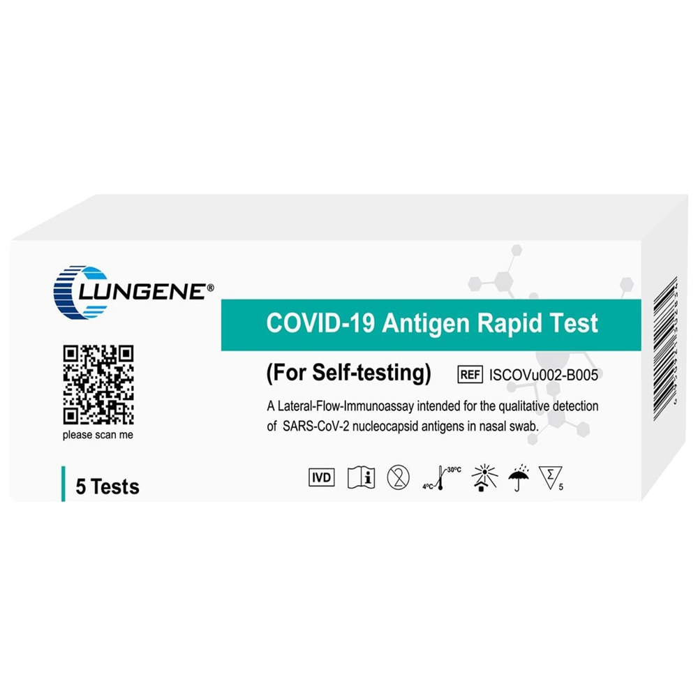 Nasal Rapid Antigen COVID-19 Self Test Pack/5 showing five nasal swab rapid antigen test kits for at-home COVID-19 screening