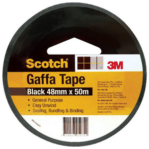 Front of a black Scotch Gaffa Tape 933 roll with a yellow label marked black 48mm x 50m, general purpose and easy unwind