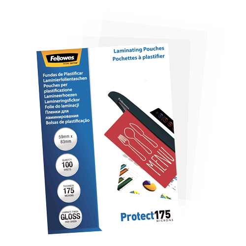 Fellowes Glossy 175 Micron Laminating Pouches 54x83mm 100 Pack