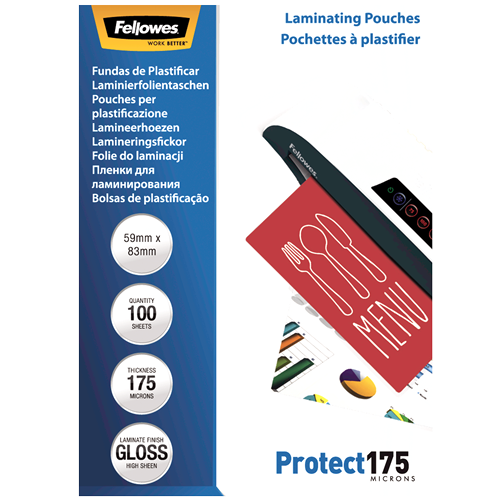 Fellowes Glossy 175 Micron Laminating Pouches 54x83mm 100 Pack