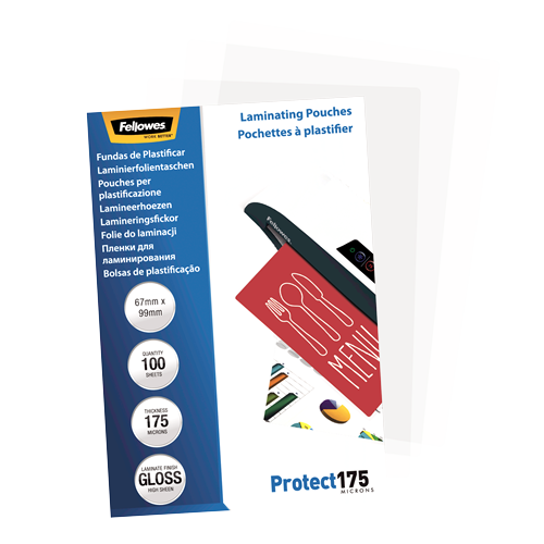 Fellowes Glossy 175 Micron Laminating Pouches 67x99mm 100 Pack
