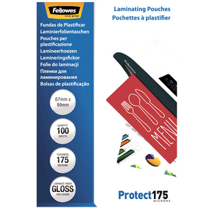 Fellowes Glossy 175 Micron Laminating Pouches 67x99mm 100 Pack