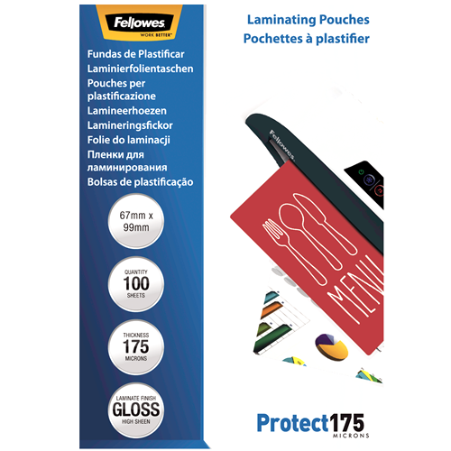 Fellowes Glossy 175 Micron Laminating Pouches 67x99mm 100 Pack