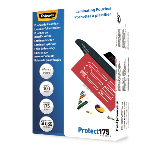 Fellowes Glossy 175 Micron Laminating Pouches 67x99mm 100 Pack