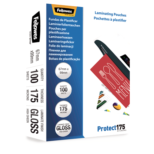 Fellowes Glossy 175 Micron Laminating Pouches 67x99mm 100 Pack