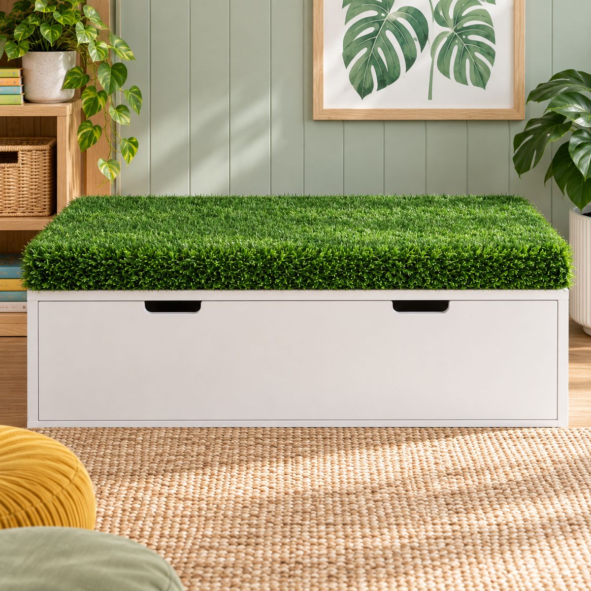 Front lifestyle view of the MTA Essentials Aalto Grass Storage Ottoman Padding fitted over a white storage base in a calm nature inspired learning space. The rectangular 110 x 60cm topper features a dense green faux grass surface designed to add tactile interest and comfortable padding to a compatible Aalto Storage Ottoman Base.