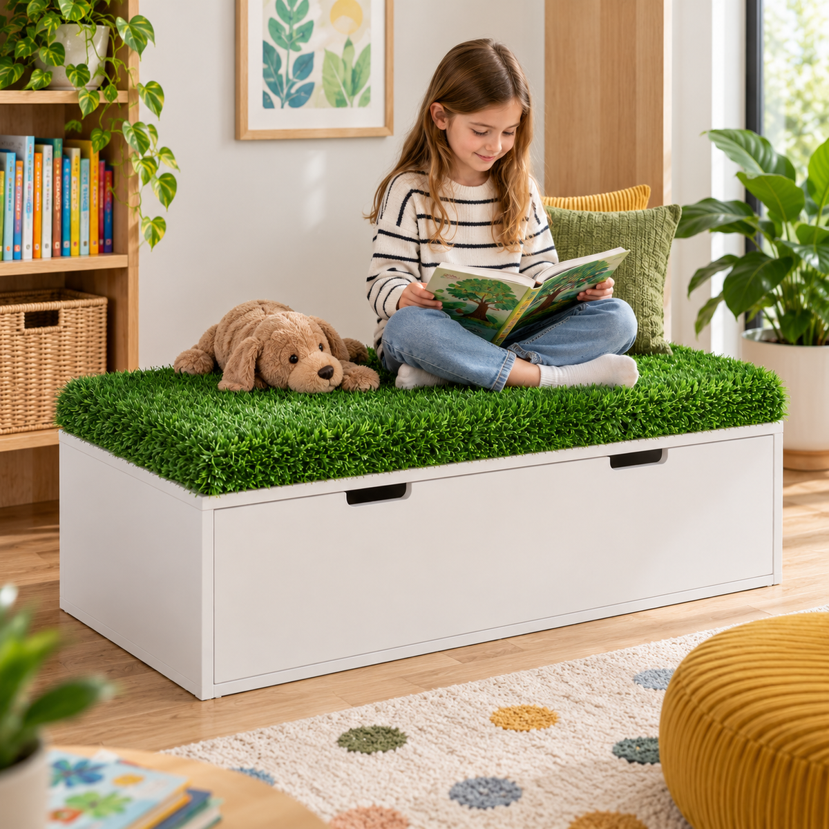 MTA Essentials Aalto Grass Storage Ottoman Padding shown fitted to a white storage ottoman base in a bright reading area, with a child seated comfortably reading beside a soft toy. The green faux grass topper creates a tactile nature inspired seating surface for classroom libraries, sensory spaces and quiet learning areas. Storage ottoman base is not included.