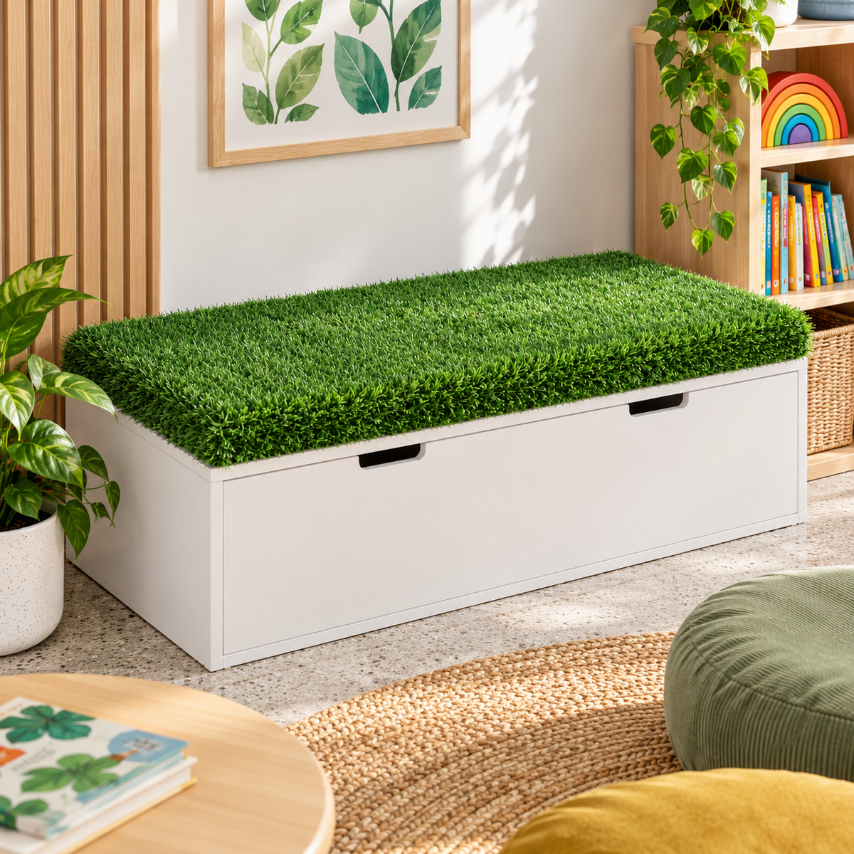 compatible Aalto Storage Ottoman Base.
Angled lifestyle view of the Aalto Grass Storage Ottoman Padding displayed on a white storage base among books, indoor plants and flexible seating. The lush green rectangular topper provides a distinctive sensory surface for reading corners, libraries and breakout environments while complementing contemporary educational interiors. Base unit is shown for demonstration only.
