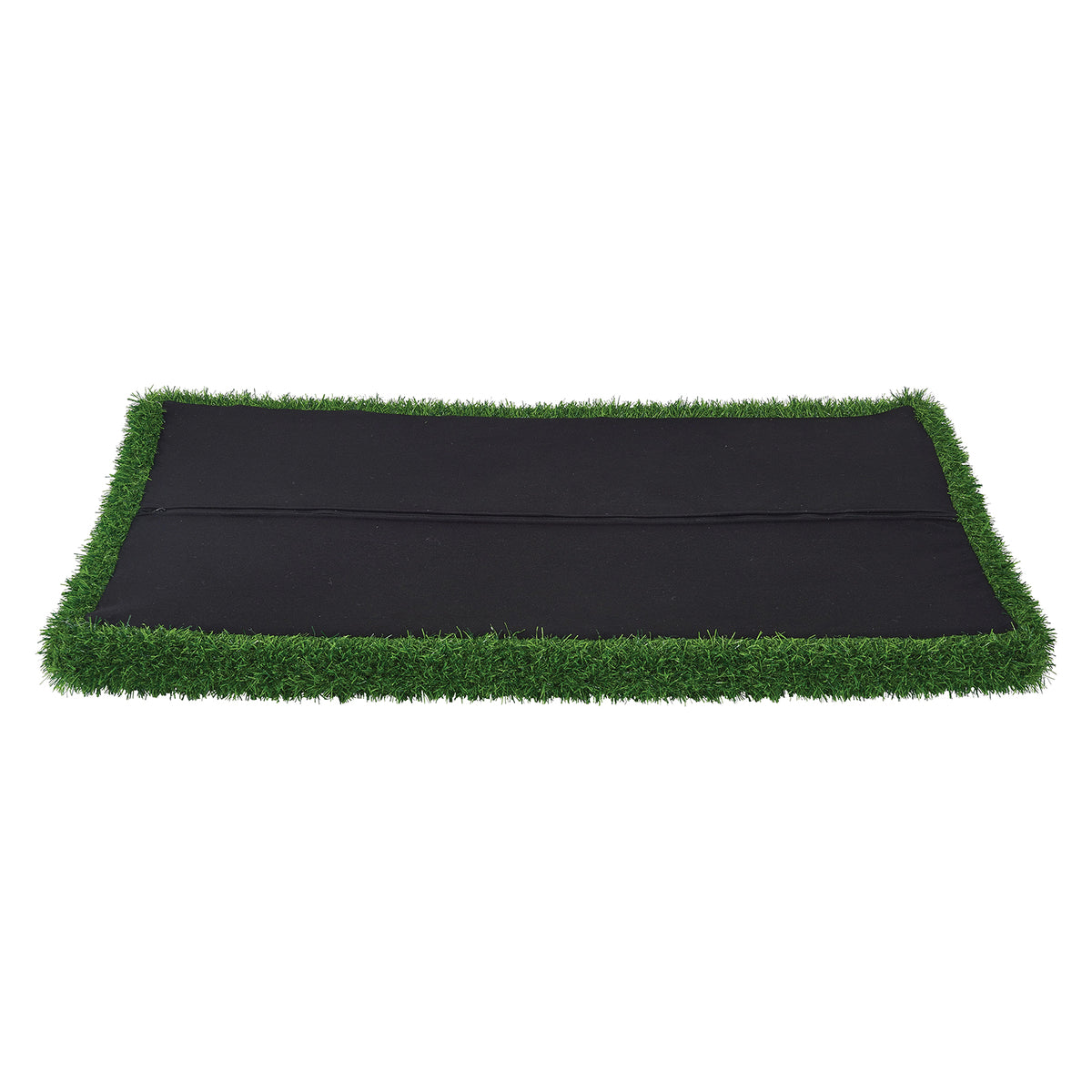 Underside product view of the MTA Essentials Aalto Grass Storage Ottoman Padding against a white background. The rectangular topper shows its black underside and green faux grass edging, providing a clear view of the construction and attachment area used to position the padding securely on a compatible Aalto Storage Ottoman Base.