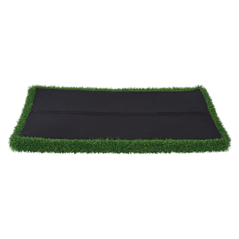 Underside product view of the MTA Essentials Aalto Grass Storage Ottoman Padding against a white background. The rectangular topper shows its black underside and green faux grass edging, providing a clear view of the construction and attachment area used to position the padding securely on a compatible Aalto Storage Ottoman Base.