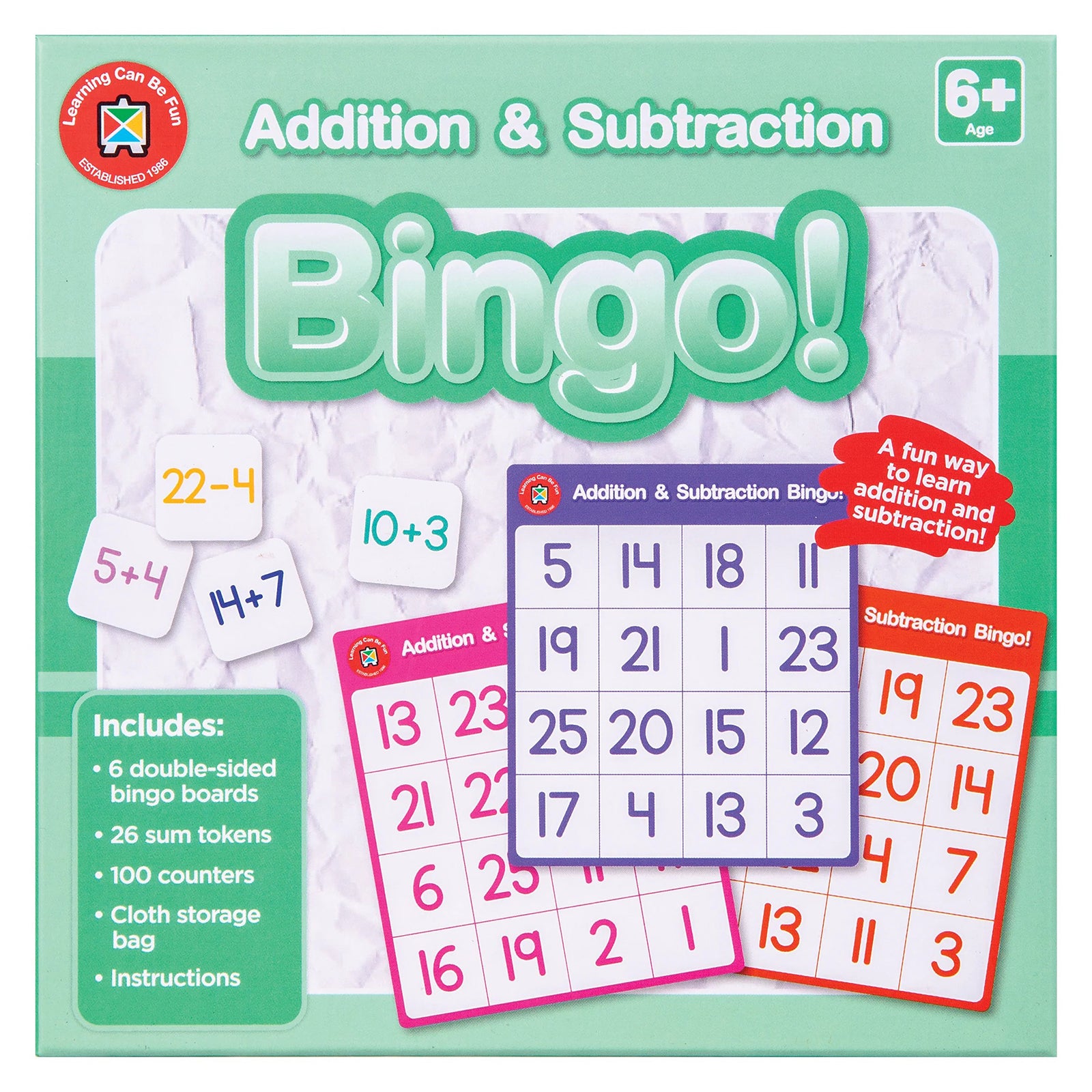 Front packaging artwork for Learning Can Be Fun Addition and Subtraction Bingo featuring colourful bingo boards, maths equation tokens and included contents. The packaging highlights addition and subtraction learning through fun, interactive gameplay for children aged six years and above.
