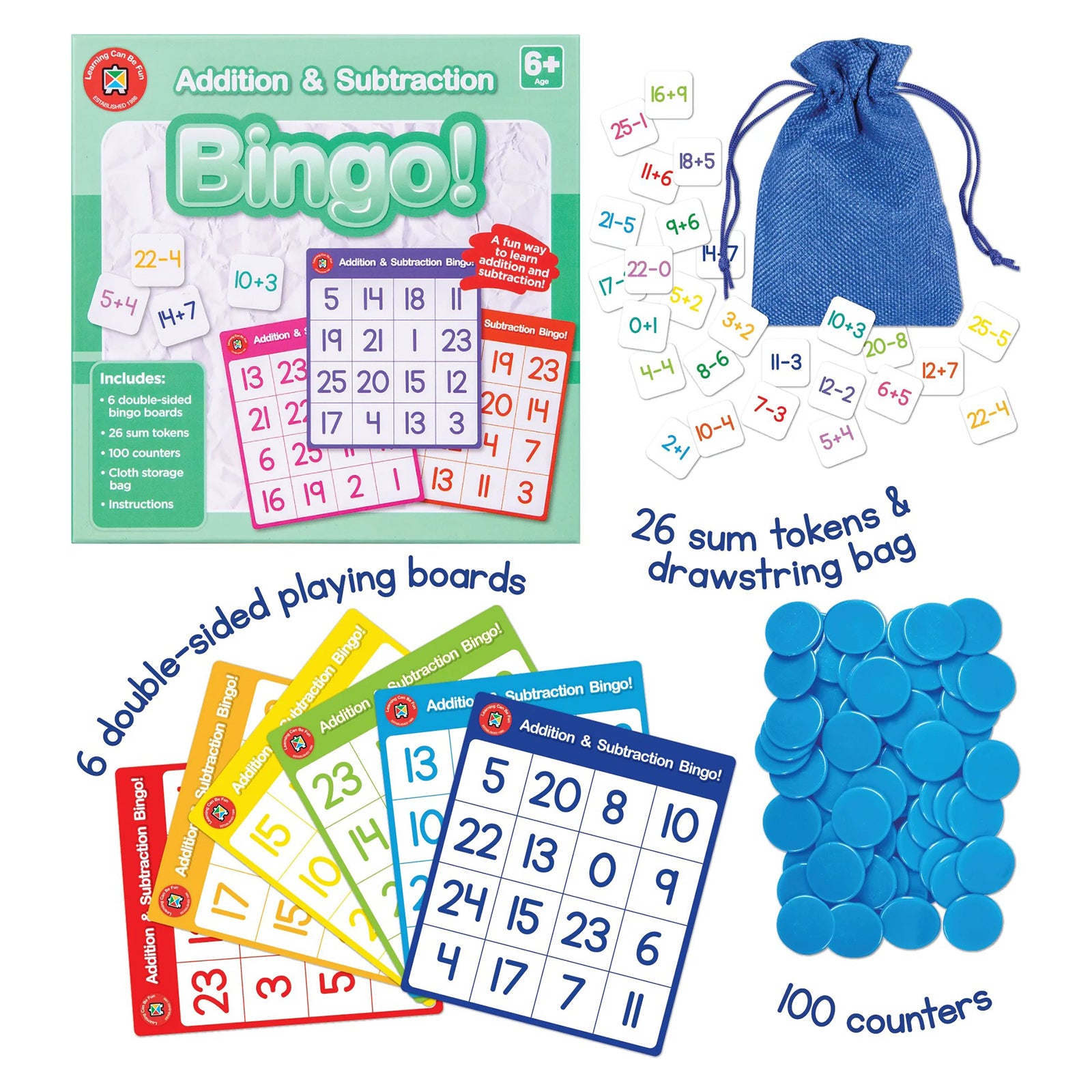 Product overview showing the contents of the Addition and Subtraction Bingo set including six double sided playing boards, twenty six sum tokens, one hundred counters and a reusable drawstring storage bag. Ideal for classrooms, tutoring sessions and home learning environments.