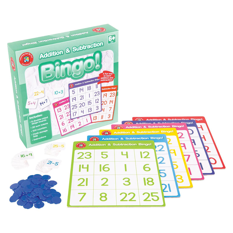 Addition and Subtraction Bingo game arranged beside product packaging with colourful numbered boards and maths equation tiles. The image demonstrates the educational design and reusable components that help children practise addition and subtraction through play.