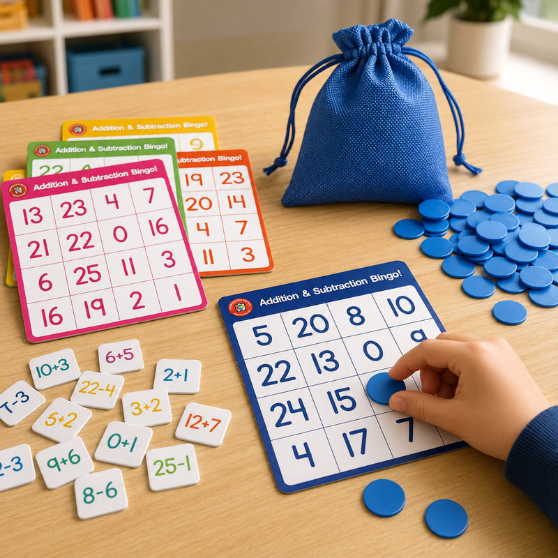 Close up of Addition and Subtraction Bingo gameplay featuring a blue bingo board, maths equation tokens, blue counters and drawstring storage bag. A child places a counter on the correct answer while practising mental maths and building confidence with addition and subtraction skills.