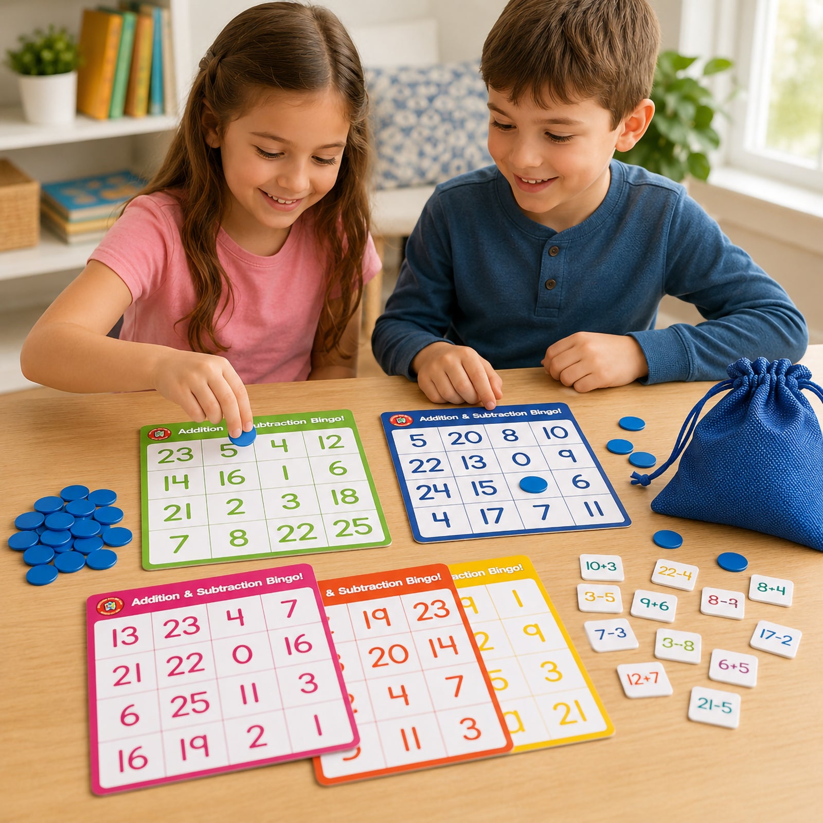 Two children enjoying Learning Can Be Fun Addition and Subtraction Bingo at a table while solving maths problems and placing counters on colourful bingo boards. The image showcases interactive learning, number recognition, addition and subtraction practice, and cooperative educational play in a bright classroom style environment.