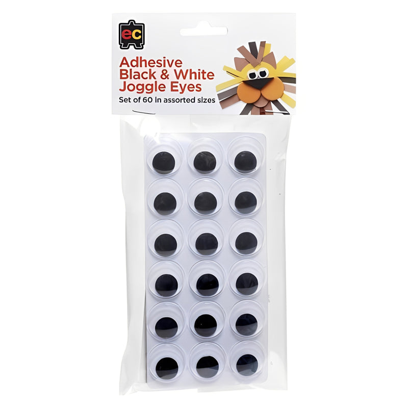 Product packaging displaying Educational Colours Adhesive Black and White Joggle Eyes Set of 60. The clear pack showcases assorted self adhesive craft eyes ready for decorating puppets, animals, monsters, greeting cards and a wide variety of creative art projects.
