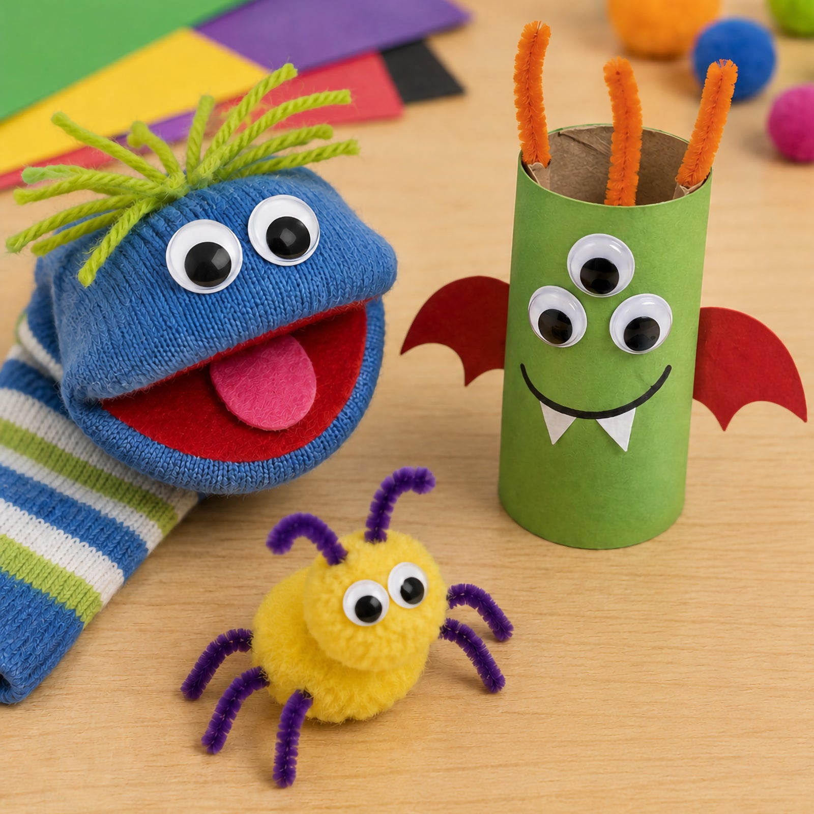 Creative craft characters including a sock puppet, pom pom spider and cardboard tube monster decorated with adhesive joggle eyes. Set on a craft table surrounded by colourful materials, the image showcases the versatility of the eyes across different craft mediums and character making activities.