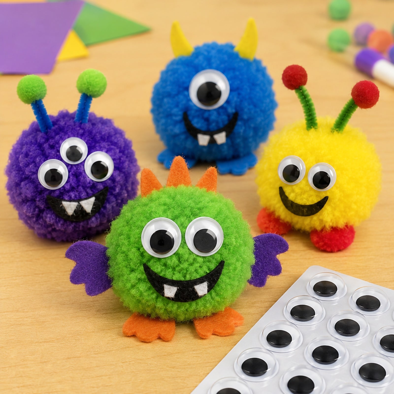 A collection of colourful pom pom monster characters decorated with adhesive black and white joggle eyes. The playful creatures feature bright colours, felt details, pipe cleaner antennae and expressive faces, demonstrating how the eyes can instantly bring craft creations to life for imaginative classroom and home projects.