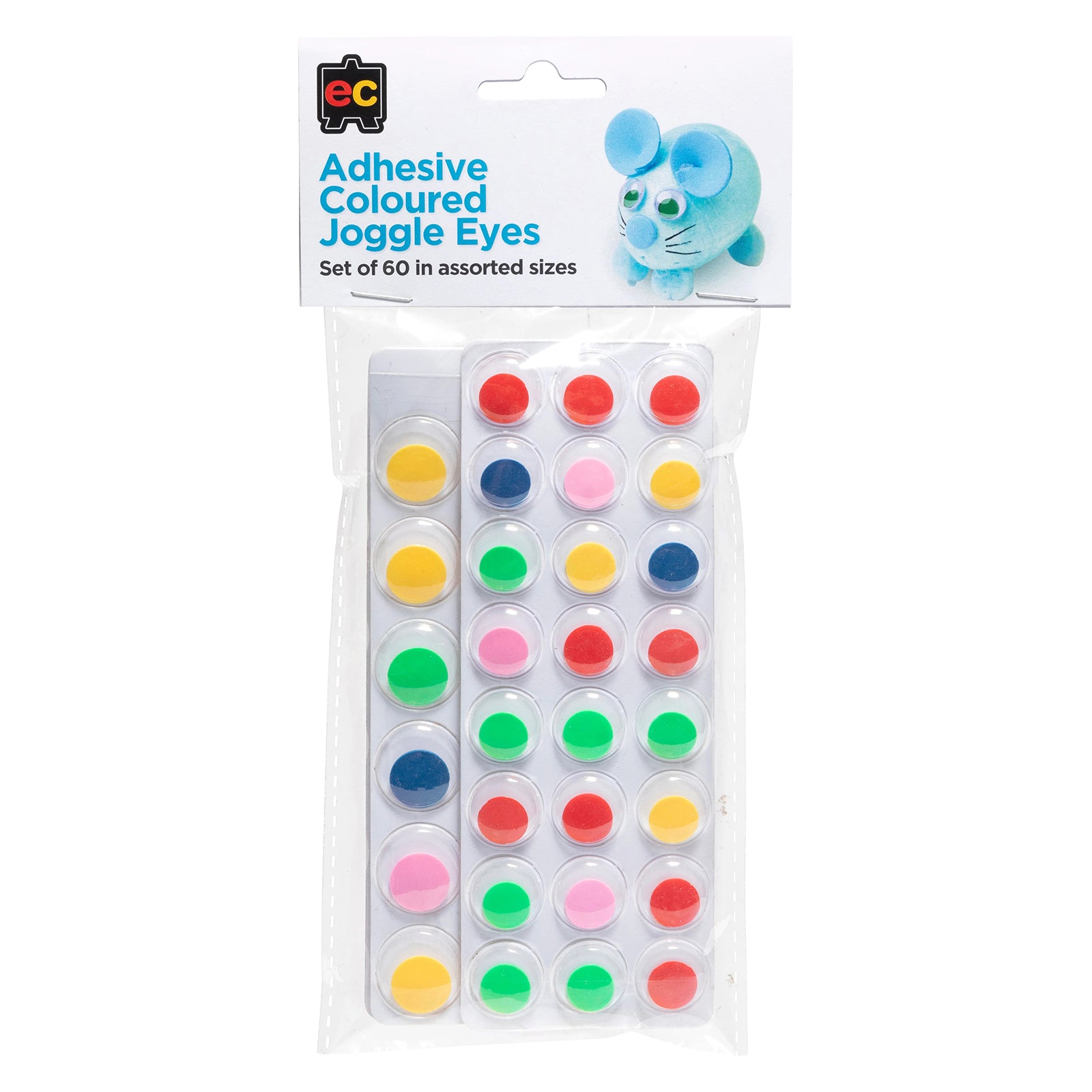 Product packaging of Educational Colours Adhesive Coloured Joggle Eyes Set of 60 displayed in a clear retail pack. The assortment includes colourful self adhesive craft eyes in multiple sizes and vibrant shades including red, blue, green, yellow and pink, ideal for creative classroom and craft activities.