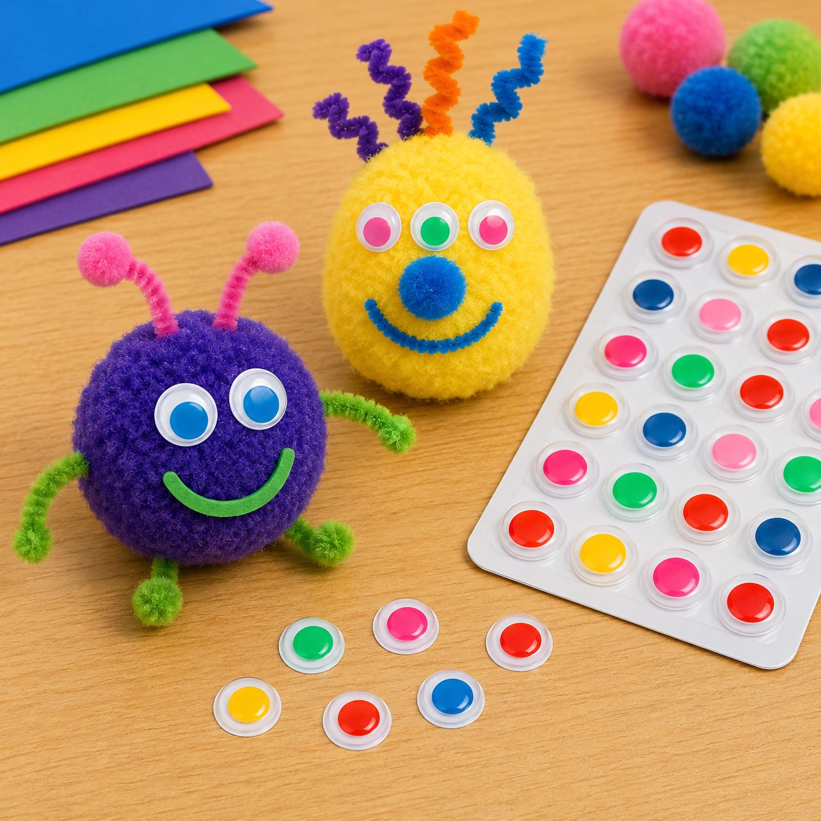 Two cheerful pom pom characters enhanced with colourful adhesive joggle eyes, pipe cleaner details and bright craft materials. The assorted coloured eyes create playful facial expressions and highlight their suitability for educational art projects, monster crafts and creative storytelling activities.