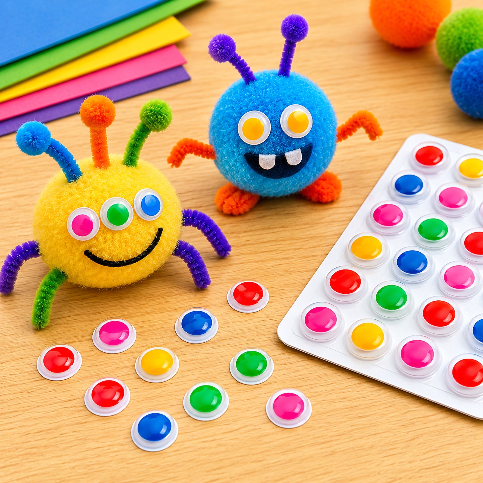 Handmade pom pom monster characters decorated with coloured joggle eyes in vibrant shades. The image showcases how the assorted eye colours can create fun, unique creatures and imaginative craft projects that stand out with extra personality.