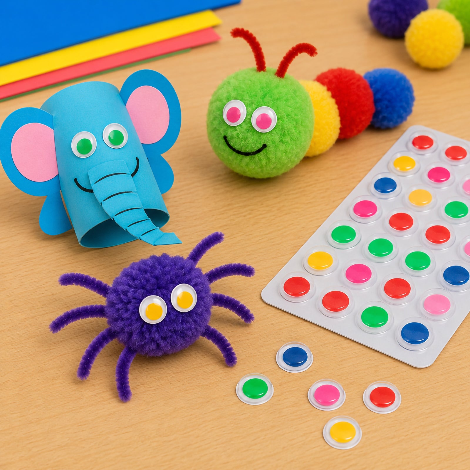 Colourful craft creations featuring a blue paper elephant, pom pom caterpillar and pom pom spider decorated with bright coloured joggle eyes. The assorted eyes add playful character and expression while demonstrating their versatility across different craft materials and project styles.