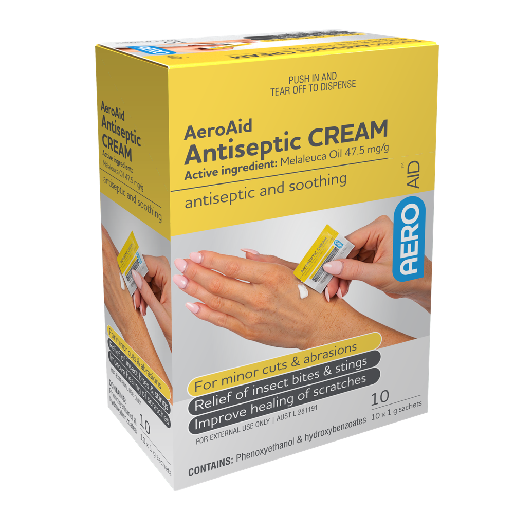 AeroAid Antiseptic Cream Sachet 1g box of 10 bulk hygienic single-use antiseptic for first aid kit restocking