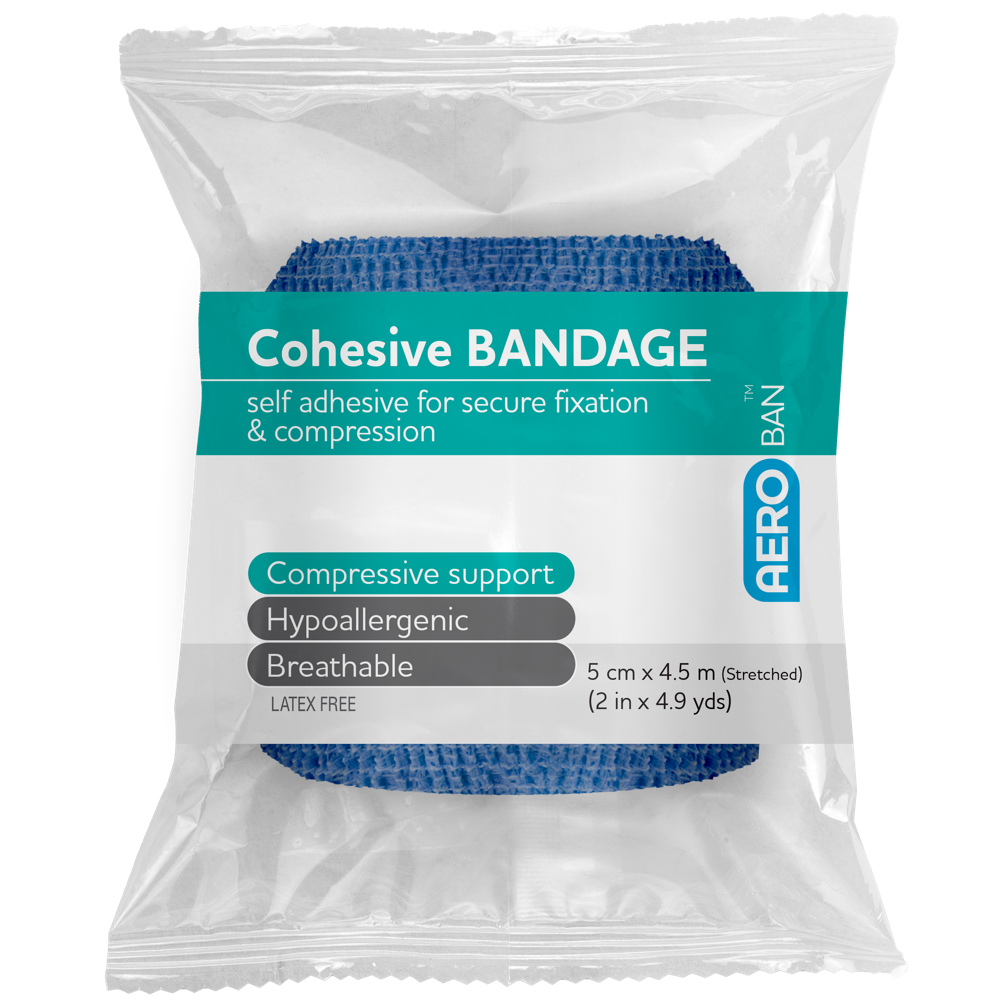 AeroBan Blue Cohesive Bandage 5cm x 4.5M wrap of 12 self-adherent bandage for wound support and sports strapping