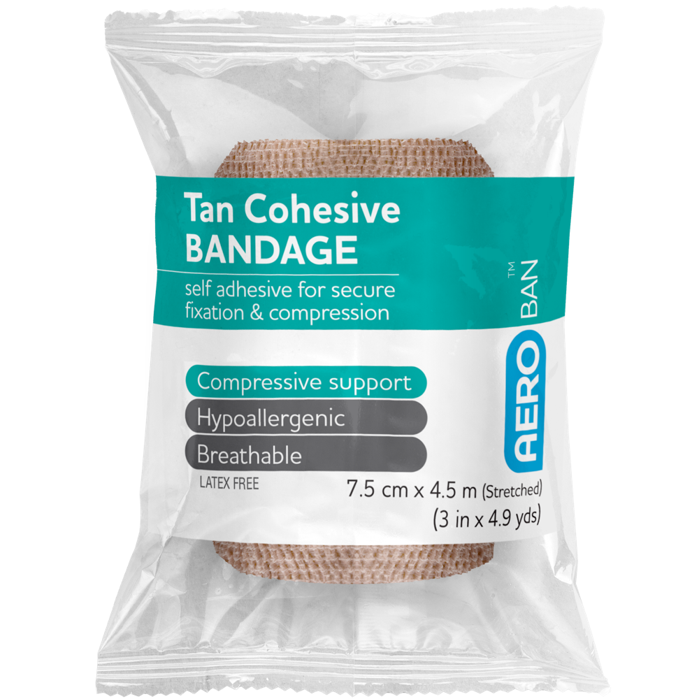 AeroBan Tan Cohesive Bandage 7.5cm x 4.5m wrap of 12 self-adhering compressive support bandage for sports and occupational use