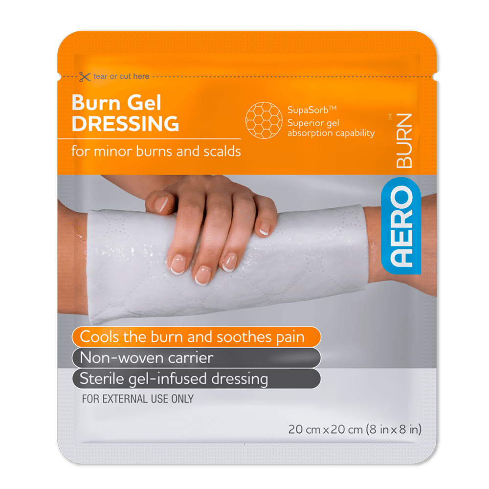AeroBurn Burn Gel Dressing 20 x 20cm sterile gel-impregnated pad in foil pouch for minor burn and scald first aid