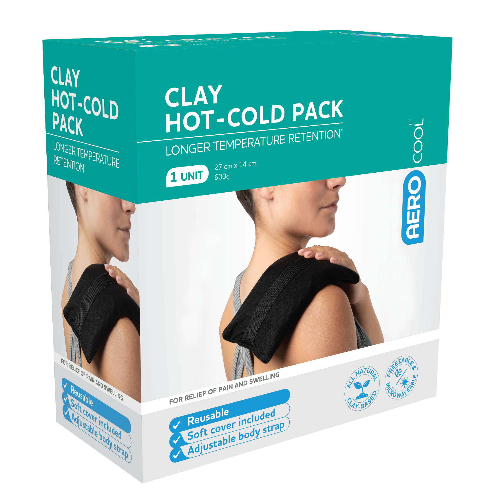 AeroCool Clay Hot and Cold Pack showing reusable flexible clay-filled therapy pack for hot and cold pain relief and swelling management