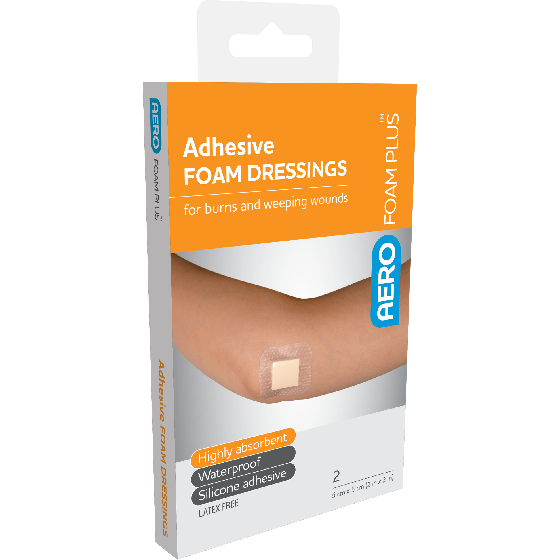 AeroFoam Plus Adhesive Foam Dressings 5 x 5cm box of 2 absorbent foam pad with silicone adhesive border for minor wound management
